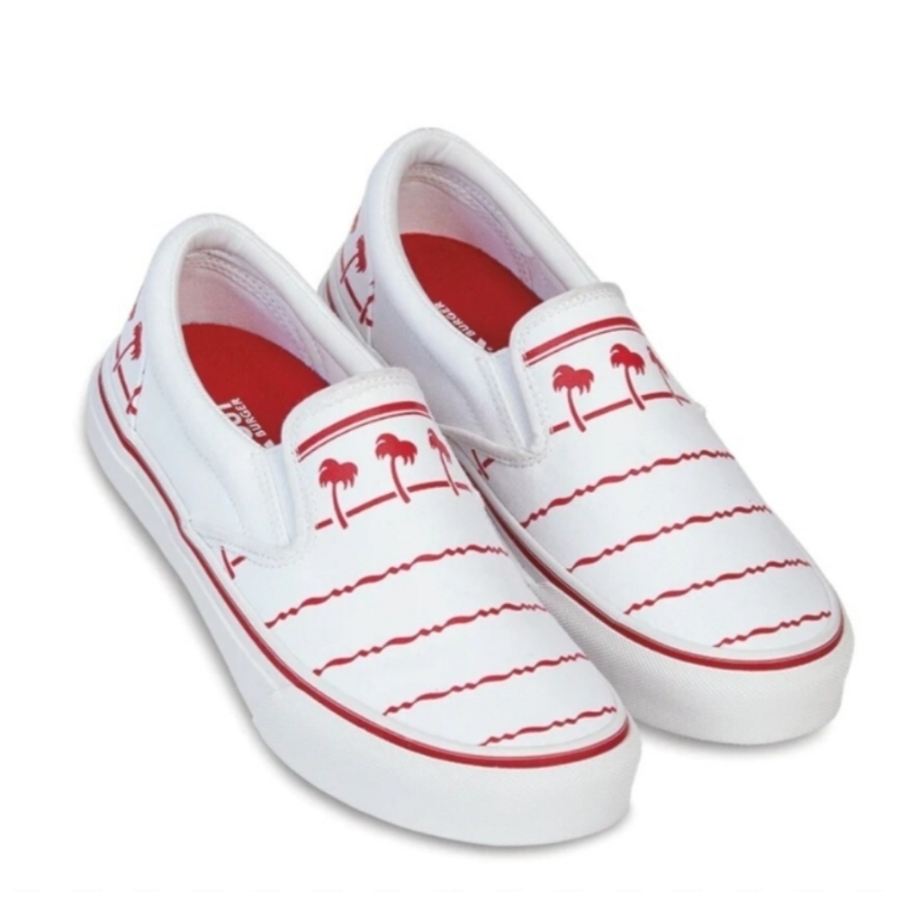 In-N-Out Burger Kids Drink Cup Slip On Sneakers, White Red, Sz 5
